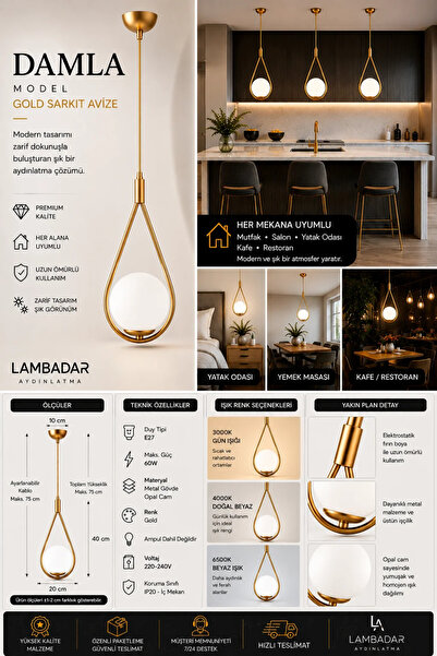 Lambadar Damla Model Gold Tekli Sarkıt Avize Opal Beyaz Cam E27 Modern Avize