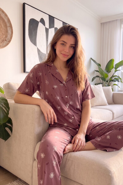 Pijamaevi Pudra Soft Daisy Desenli Bambu Önden Düğmeli Kısa Kol Pijama Takımı