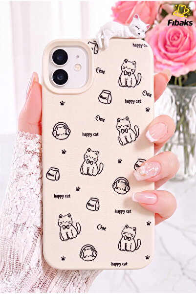 Fibaks iPhone 12 / 12 Pro Kılıf 3D Uyuyan Kedi Figürlü Happy Cat Desenli Darb...