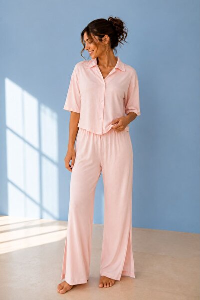 BELLA NOTTE Viscose Pink Short Sleeve Slit and Button Detailed Summer Women's...