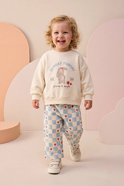 Minipodyum Baby Girl Top and Bottom Set with Rabbit Print and Strawberry Chec...