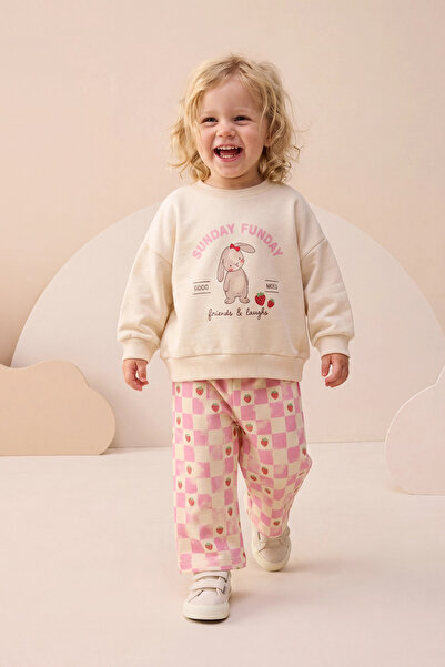 Minipodyum Baby Girl Top and Bottom Set with Rabbit Print and Strawberry Chec...