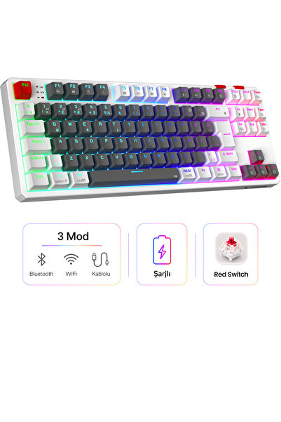 Rampage Yoru Tkl Pro Gri/beyaz Wifi Bluetooth Klavye Red Switch Q Mekanik Kla...