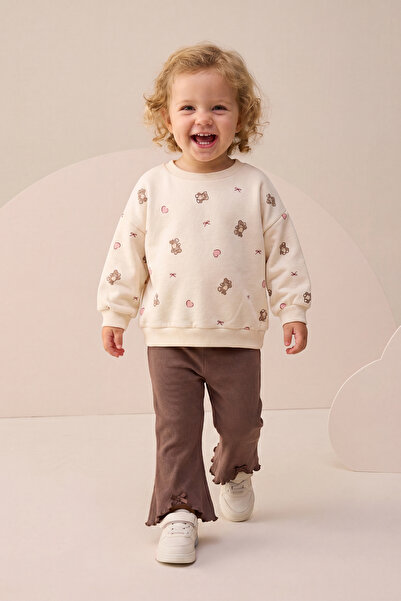 Minipodyum Baby Girl Top and Bottom Set with Teddy Bear Pattern and Bow, Ribb...