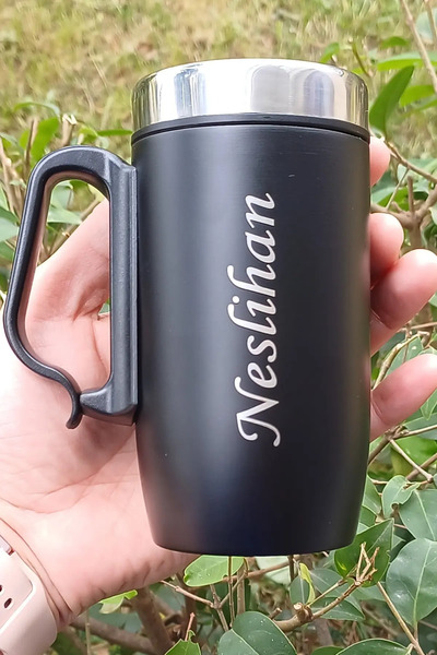 MEG TASARIM DÜNYASI Kişiye Özel Siyah Renk Çelik Termos Mug Bardak Hediyelik
