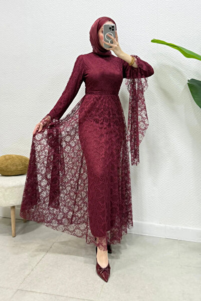Abiye Diyarı Zelal Kuşaklı Dantel Kumaş Astarlı Tesettür Abiye