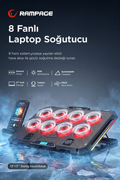 Rampage S51 Icevolt Siyah RGB Işıklı 8 Fanlı LCD Göstergeli 17'' ve Altı 2 Us...