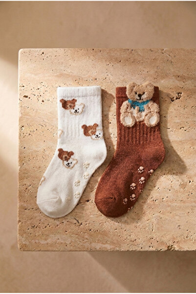 Katia&Bony Bebek 2 li Paket Teddy Baskılı Soket Çorap Ekru-Koyu Kahverengi