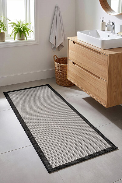 Koza Halı Fresco Ecru Black Washable Nordic Border Bath Mat 80 X 150 23745P