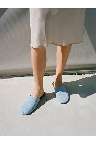 NİŞANTAŞI SHOES Modi Bebe Blue Suede Leather Flat Sole Closed Women's Slippers