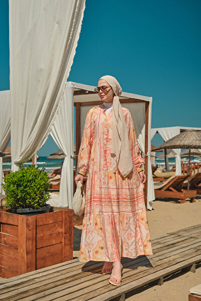 LOCCO Rochie de damă cu model etnic boem portocaliu