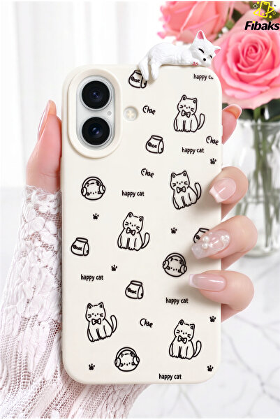 Fibaks iPhone 17 Kılıf 3D Uyuyan Kedi Figürlü Happy Cat Desenli Darbe Emici E...