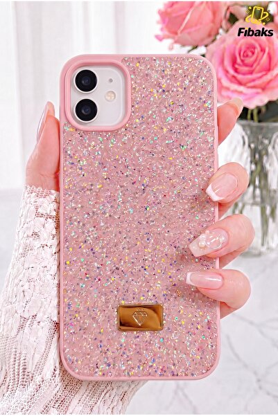 Fibaks iPhone 12/12 Pro Kılıf Içi Kadife Elmas Tasarımlı Pembe Taşlı Işıltılı...