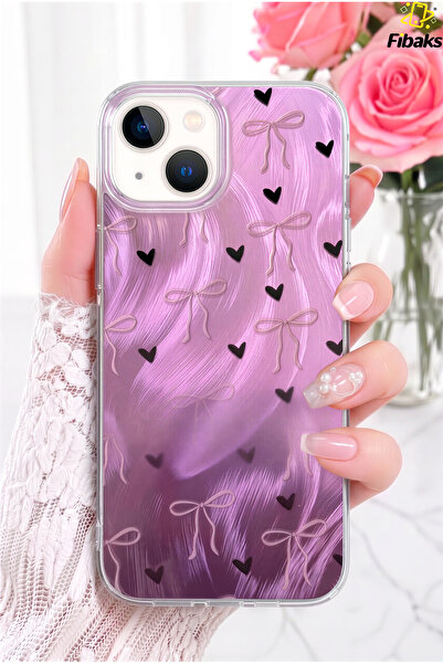 Fibaks iPhone 13/14/15 Kılıf Hologramlı Siyah Kalp Mor Fiyonk Desenli Darbe E...
