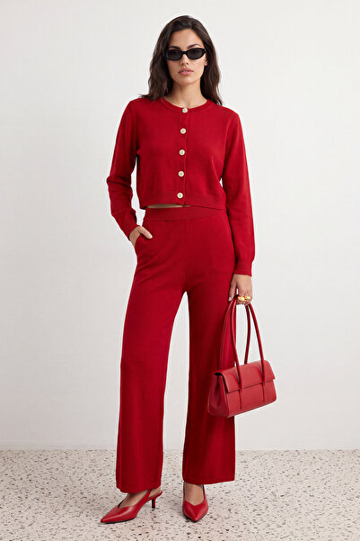 Trendyol Collection طقم تريكو أحمر اللون - قطعة علوية وسفلية TWOAW25AU00026