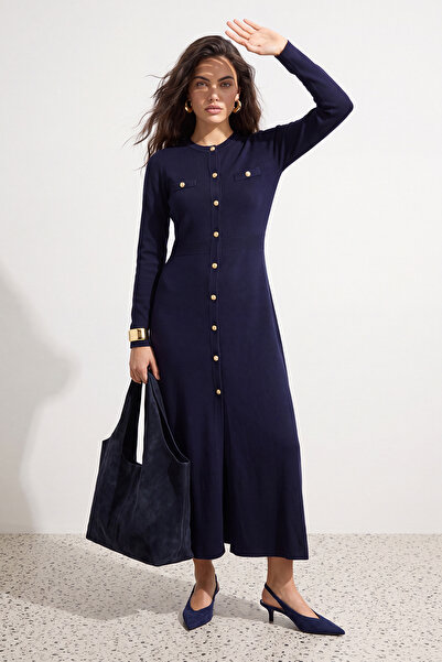 Trendyol Modest Navy Blue Gold Buttoned Knitwear Thessaloniki Dress Tctaw26Eb...