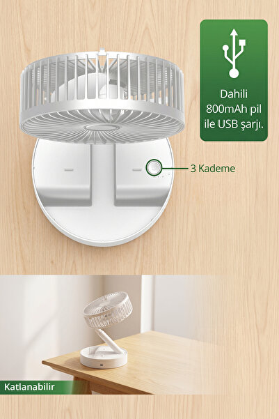 Kiwi Kfan-7608 Şarjlı Beyaz Katlanılabilir Mini Fan Masa Üstü Vantilatörü Usb Soğutucu Sessiz El Fanı