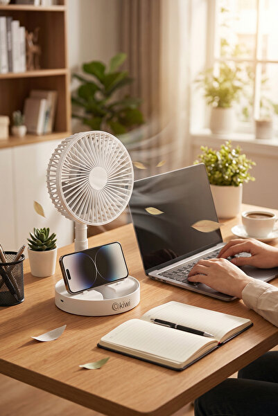 Kiwi Kfan-7608 Şarjlı Beyaz Katlanılabilir Mini Fan Masa Üstü Vantilatörü Usb Soğutucu Sessiz El Fanı