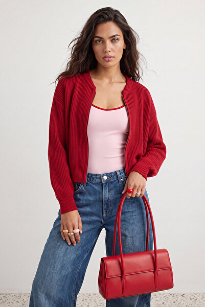 Trendyol Kollektion Tile Wide Fit Bomber-Kragen-Strickjacke mit Reißverschlus...