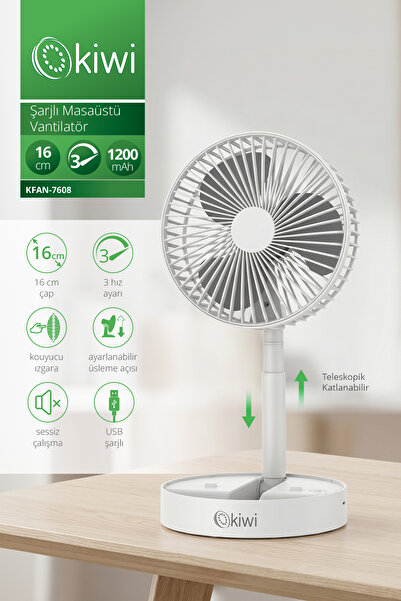 Kiwi Kfan-7608 Şarjlı Beyaz Katlanılabilir Mini Fan Masa Üstü Vantilatörü Usb...