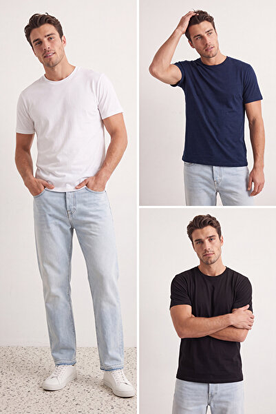 Trendyol Collection Tricou basic slim fit cu guler rotund, 100% bumbac, albas...