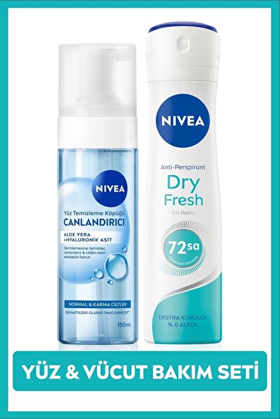 NIVEA Kadın Sprey Deodorant Dry Fresh 150ml ve Canlandırıcı Yüz Temizleme Köp...