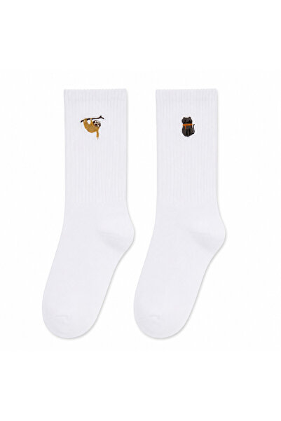 Trendyol Kollektion Weiße 2-teilige Baumwoll-Stricksocken mit Katzen-/Faultie...