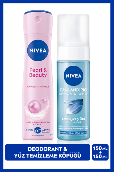 NIVEA Kadın Sprey Deodorant Pearl&Beauty 150ml ve Canlandırıcı Yüz Temizleme ...