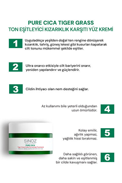 SİNOZ Pure Cica Tiger Grass Anında Ton Eşitleyici Onarıcı Yüz Bakım Kremi 15 ml