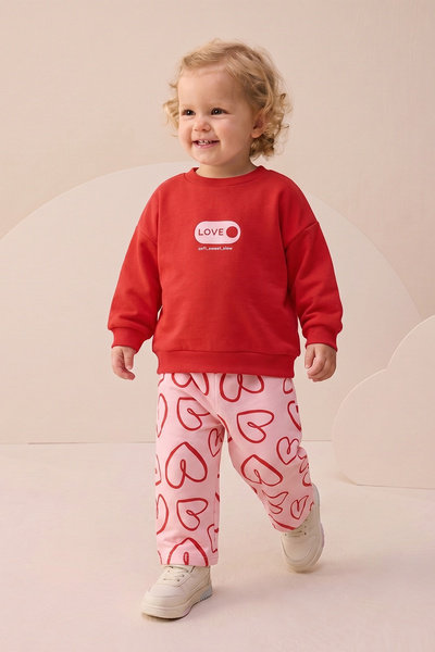 Minipodyum Baby Girl Top and Bottom Set with Heart Pattern and Love Print