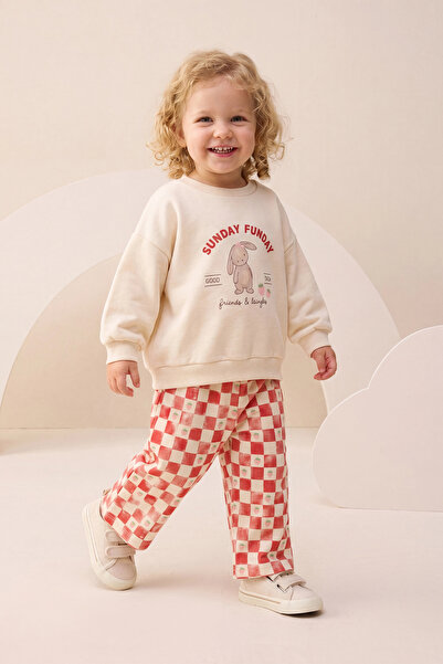 Minipodyum Baby Girl Top and Bottom Set with Rabbit Print and Strawberry Chec...