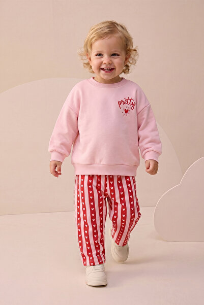 Minipodyum Baby Girl Top and Bottom Set with Striped Heart and Pretty Print