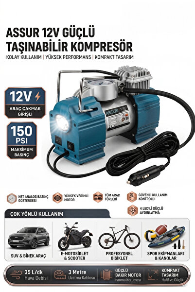 ASSUR 12v Çakmaklık Girişli 150 psi Mini Hava Kompresörü