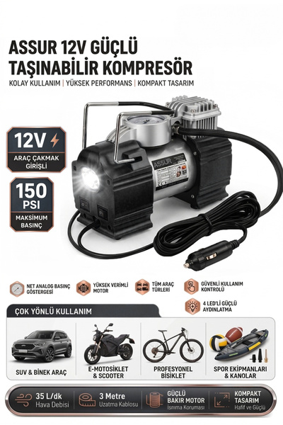 ASSUR 12v Çakmaklık Girişli 150 psi Mini Hava Kompresörü