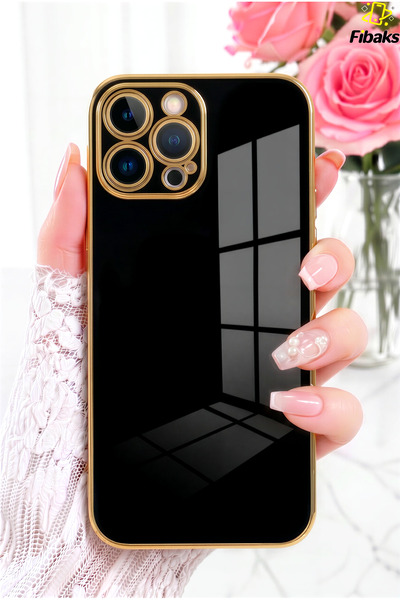 Fibaks iPhone 14 Pro Kılıf Parlak Kenarlı Altın Işlemeli Kamera Korumalı Kapa...
