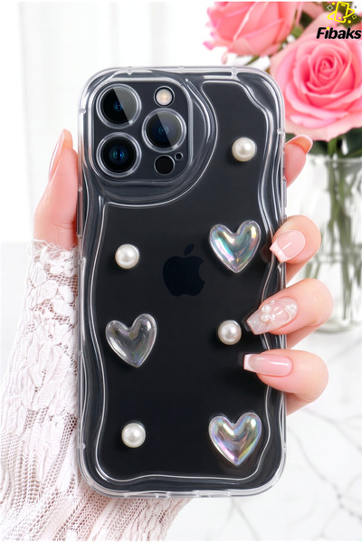 Fibaks iPhone 16 Pro Max Kılıf 3D Kalpli İnci Tasarımlı Desenli Kamera Koruma...