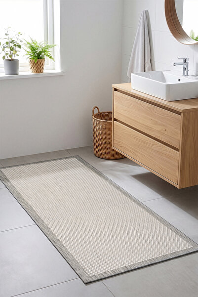 Koza Halı Fresco Anthracite Ecru Washable Nordic Bordered Bath Mat 80 X 150 2...
