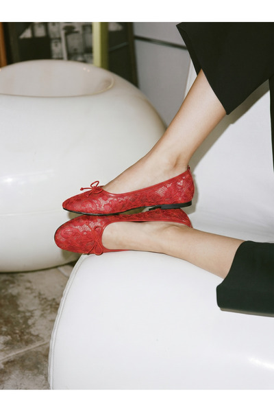 NİŞANTAŞI SHOES Magni Red Lace Embroidered Bow Detail Women's Ballerinas