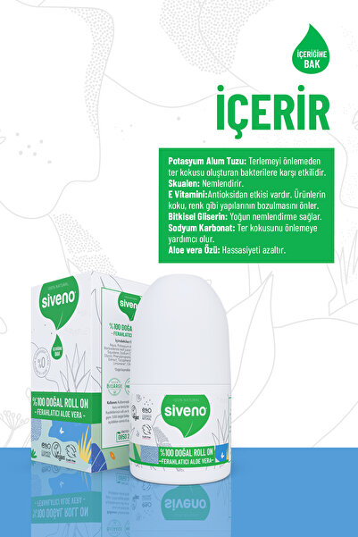 Siveno %100 Doğal Roll-on Aloe Vera Deodorant Ter Kokusu Önleyici Bitkisel Lekesiz Vegan 50 ml