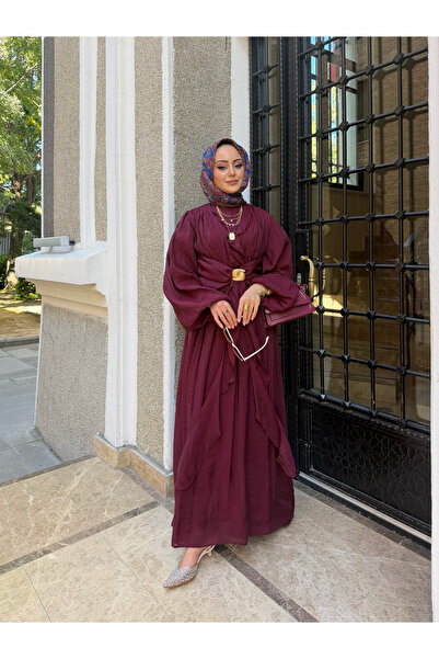 W WARGA Shoulder and Waist Gathered Dress with Buckle Detail