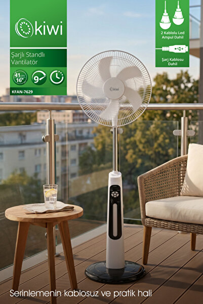 Kiwi KFAN-7629 Şarjlı Standlı Vantilatör & LED Lamba | 9 Kademe & AC/DC & USB
