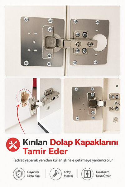 Badem10 Dolap Kapak Taş Menteşe Tamir Sacı Nobel Pratik Onarım Kiti Yuva Saçı Tablası 8x8.5 cm 8 Adet