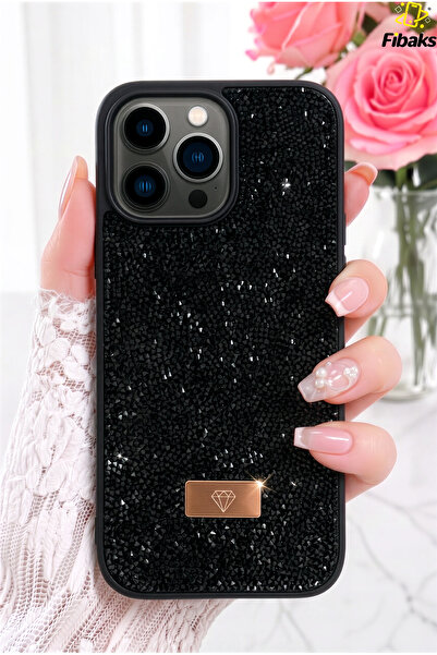 Fibaks iPhone 16 Pro Kılıf Içi Kadife Elmas Tasarımlı Siyah Taşlı Işıltılı Pı...