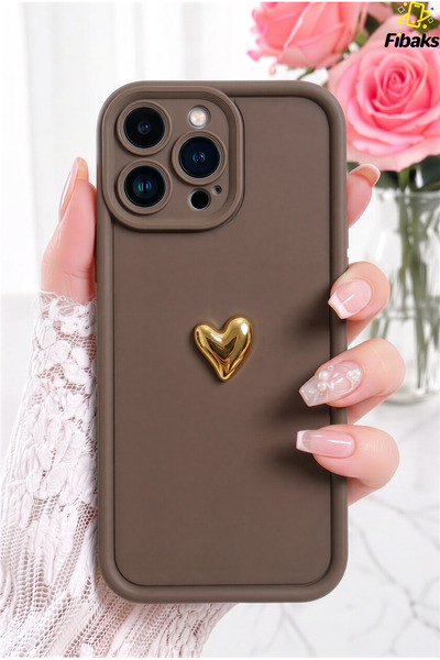 Fibaks iPhone 16 Pro Kılıf 3D Kalp Tasarımlı Kahverengi Desenli Yumuşak Kamer...