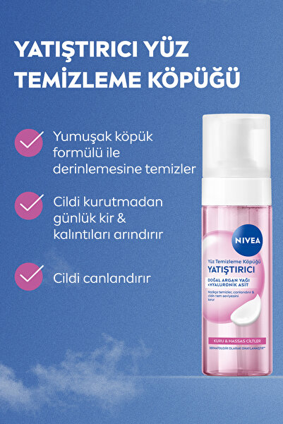 NIVEA Yatıştırıcı Yüz Temizleme Köpüğü 150ml, Kuru ve Hassas Cilt, Argan Yağı, Hyaluronik Asit