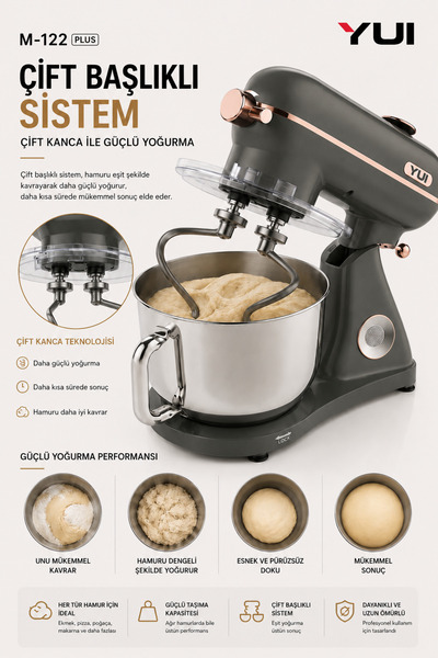 Yui M122 Plus Easy Chef Dc Motor Stand Mikser Çift Başlıklı Hoparlör Özellikli Mat Gri Gold