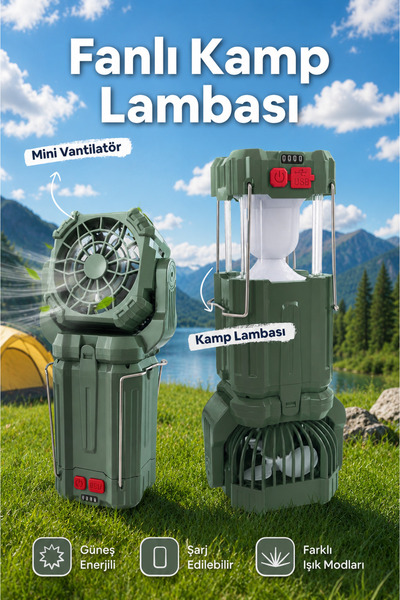 Badem10 Şarjlı Fanlı Güneş Enerjili Yeşil Çok Fonksiyonlu Kamp Lambası Şarj E...