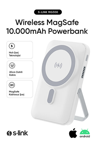 S-LINK MG300 10000mAh PD20W Magsafe 15W Kablosuz Type-C Beyaz Taşınabilir Met...