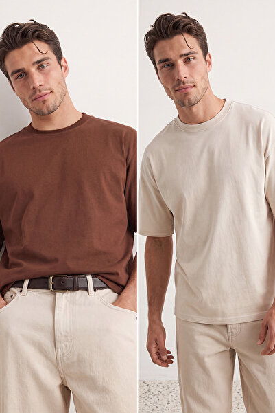 Συλλογή Trendyol Καφέ-πέτρινο Oversize 2-pack Basic T-Shirt από 100% βαμβάκι ...