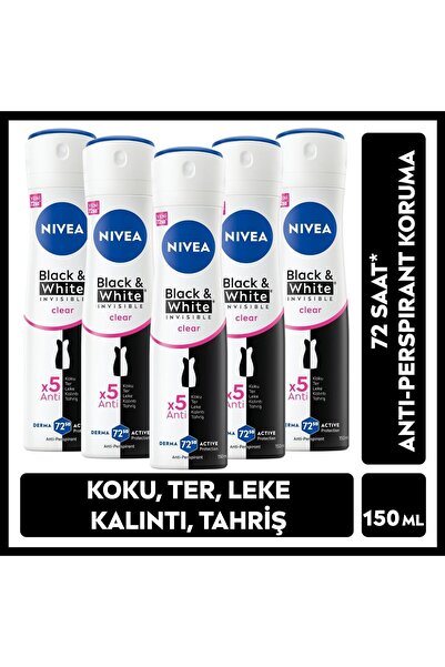 NIVEA Kadın Sprey Deodorant Black&White Invisible Clear 150ml, 72 Saat Koruma...
